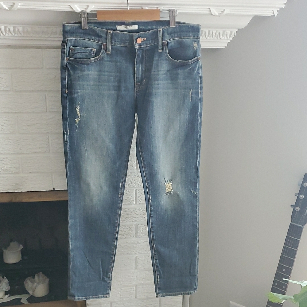 Women's Fidelity Denim Blue Ankle Cropped  Distressed Ripped Ankle Jeans Size 27